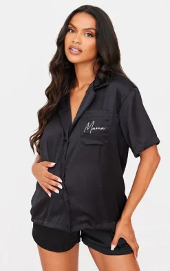 Maternity Black Embroidered Mama Satin Pajama Short Set