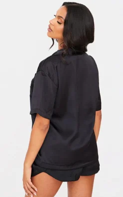 Maternity Black Embroidered Mama Satin Pajama Short Set