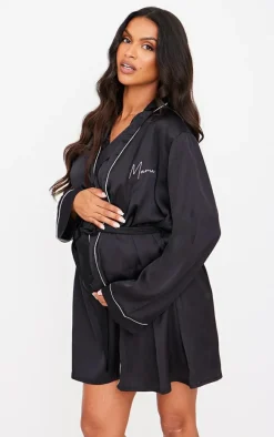 Maternity Black Embroidered Mama Satin Tie Waist Robe