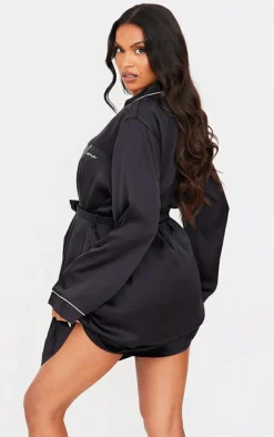 Maternity Black Embroidered Mama Satin Tie Waist Robe