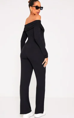 Maternity Black Fold Over Rib Wide Leg Jumpsuit