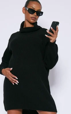 Maternity Black High Neck Oversized Sweater Dress