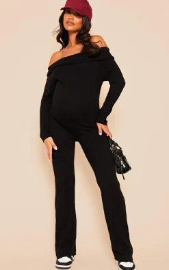 Maternity Black Knitted Bardot Wide Leg Jumpsuit