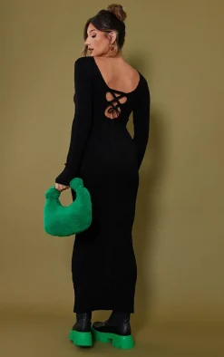 Maternity Black Knitted Midaxi Tie Back Bodycon Dress