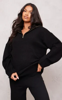 Maternity Black Knitted Slouchy Half Zip Sweater