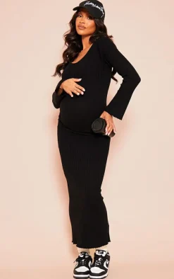 Maternity Black Knitted Scoop Neck Midaxi Dress