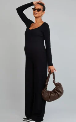 Maternity Black Long Sleeved Soft Rib Jumpsuit