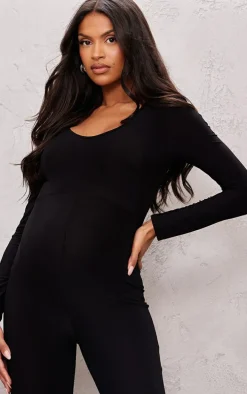 Maternity Black Long Sleeve Slinky Jumpsuit