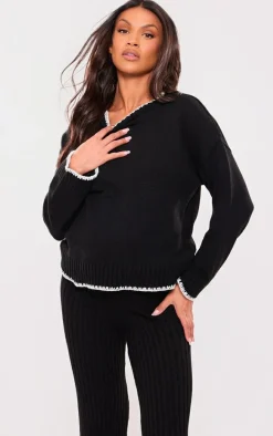 Maternity Black Long Sleeve Contrast Trim Sweater