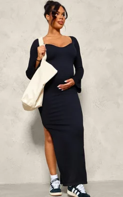 Maternity Black Long Sleeve Snatched Rib Dress
