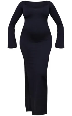 Maternity Black Long Sleeve Snatched Rib Dress