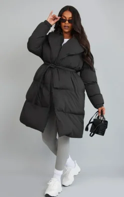 Maternity Black Oversized Collar Belted Longline Puffer Coat