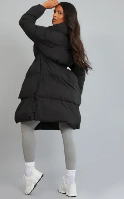 Maternity Black Oversized Collar Belted Longline Puffer Coat