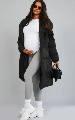 Maternity Black Oversized Collar Belted Longline Puffer Coat