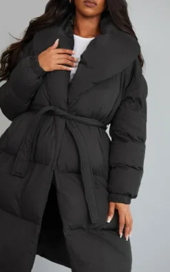Maternity Black Oversized Collar Belted Longline Puffer Coat