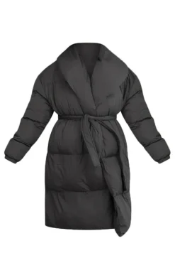 Maternity Black Oversized Collar Belted Longline Puffer Coat