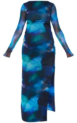 Maternity Black Printed Mesh Long Sleeve Maxi Dress