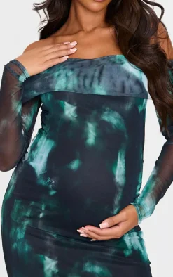 Maternity Black Printed Mesh Bardot Long Sleeve Maxi Dress
