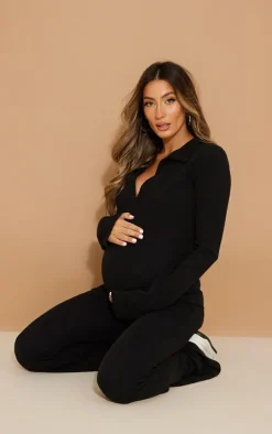 Maternity Black Rib Collar Detail Flare Leg Jumpsuit
