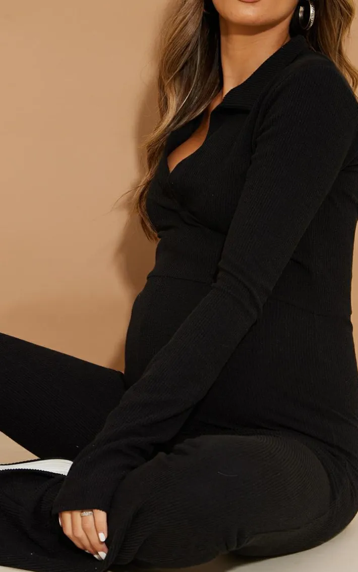 Maternity Black Rib Collar Detail Flare Leg Jumpsuit
