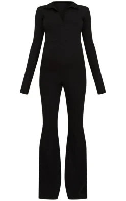 Maternity Black Rib Collar Detail Flare Leg Jumpsuit