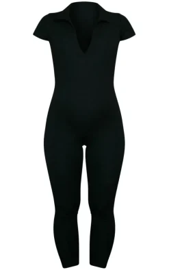 Maternity Black Rib Collar Short Sleeve Jumpsuit