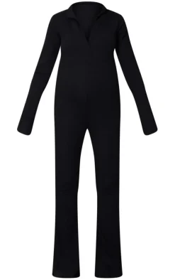 Maternity Black Ribbed Collar Long Sleeve Jumpsuit