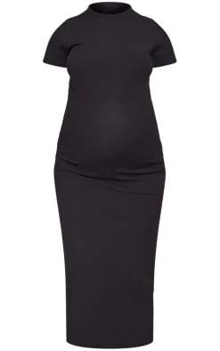 Maternity Black Ribbed Crew Neck Midi Dress