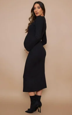 Maternity Black Ribbed Long Sleeve Midi Dress