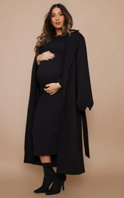 Maternity Black Ribbed Long Sleeve Midi Dress
