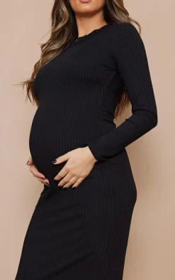Maternity Black Ribbed Long Sleeve Midi Dress