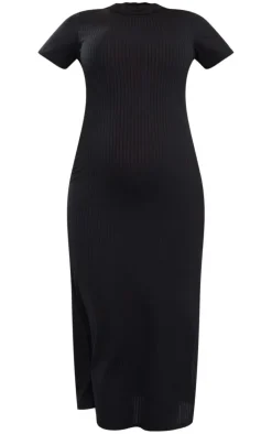 Maternity Black Ribbed Short Sleeve Midi Dress