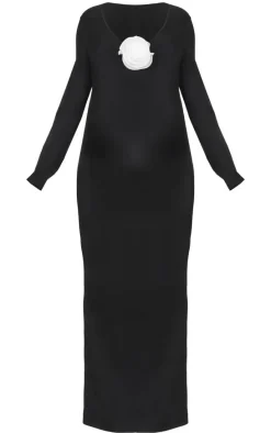 Maternity Black Rose Detail Long Sleeve Maxi Dress