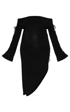Maternity Black Slinky Bardot Ruched Asymmetric Hem Midi Dress