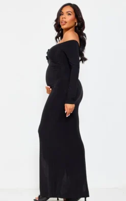Maternity Black Slinky Corsage Detail Off The Shoulder Maxi Dress