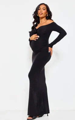 Maternity Black Slinky Corsage Detail Off The Shoulder Maxi Dress