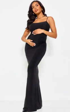 Maternity Black Slinky Straight Neck Sleeveless Maxi Dress