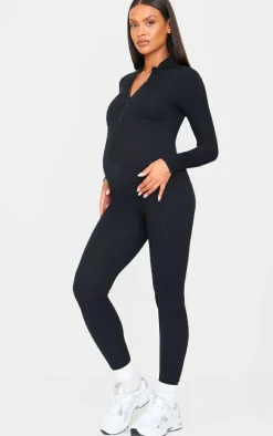 Maternity Black Snatched Ribbed Jumpsuit