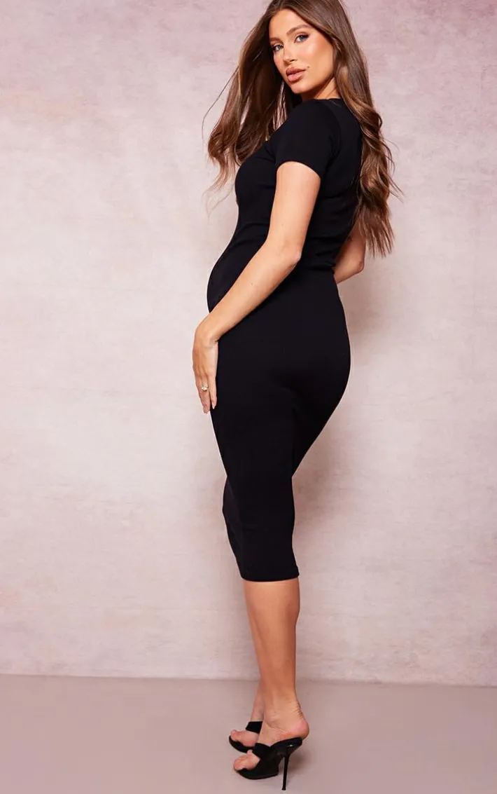Maternity Black Snatched Rib Short Sleeve Midi Dress