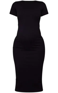 Maternity Black Snatched Rib Short Sleeve Midi Dress