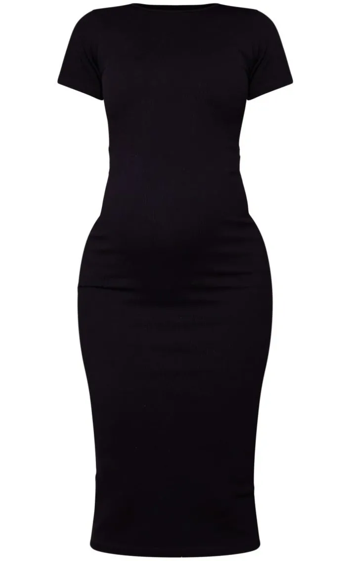 Maternity Black Snatched Rib Short Sleeve Midi Dress