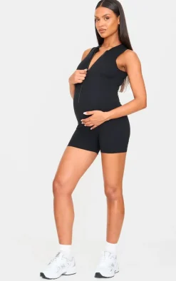 Maternity Black Snatched Sculpt Zip Up Sleeveless Unitard