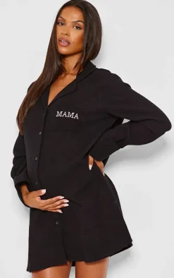 Maternity Black Waffle Mama Embroidered Nightie