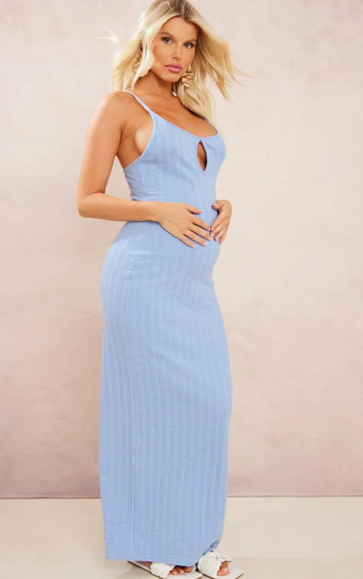 Maternity Blue Textured Strappy Cut Out Midaxi Dress