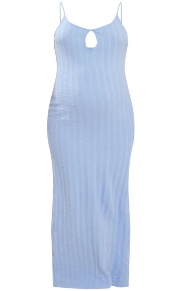 Maternity Blue Textured Strappy Cut Out Midaxi Dress