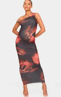 Maternity Brown Asymmetric Onion Skin Flower Print Maxi Dress