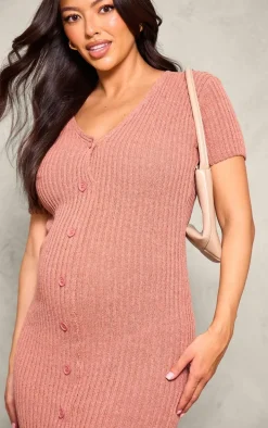 Maternity Brown Knit Button Up Midaxi Dress