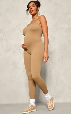Maternity Brown Strappy Snatched Ribbed Jumpsuit