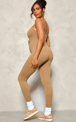 Maternity Brown Strappy Snatched Ribbed Jumpsuit