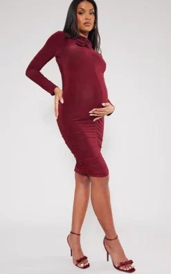 Maternity Burgundy Slinky Flower Detail Mini Dress